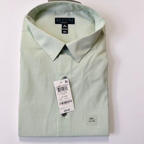 New Alfani Men's Slim Fit Houndstooth Dress Shirt, XXL Sage - Picture 4 of 5